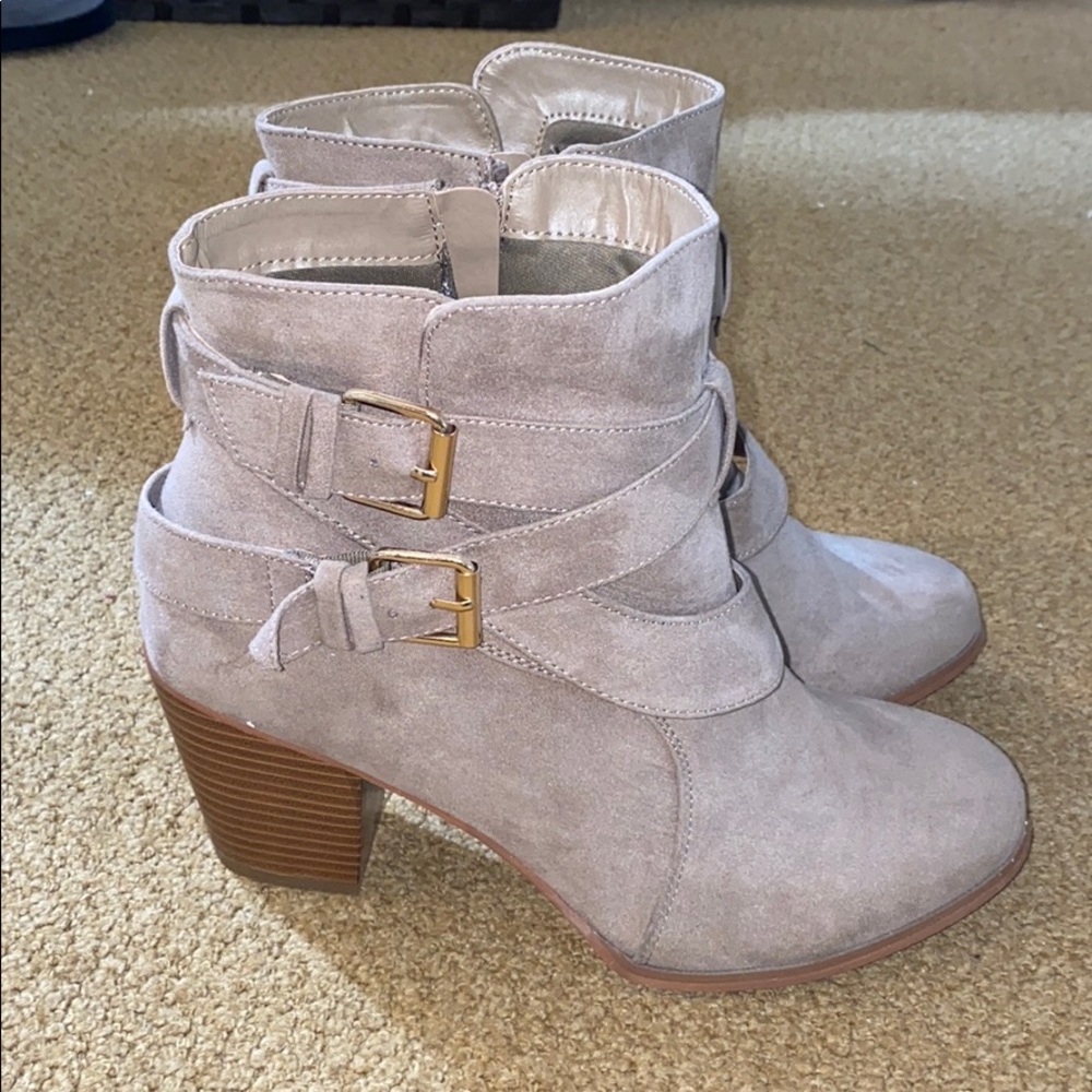 DSW Light Taupe Ankle Boots with Gold Buckles